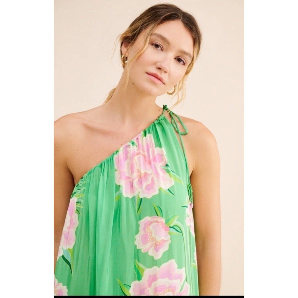 Farm Rio Dress Green Floral Vibing Maxi One Shoulder Silky Viscose fabric XL - Picture 4 of 10